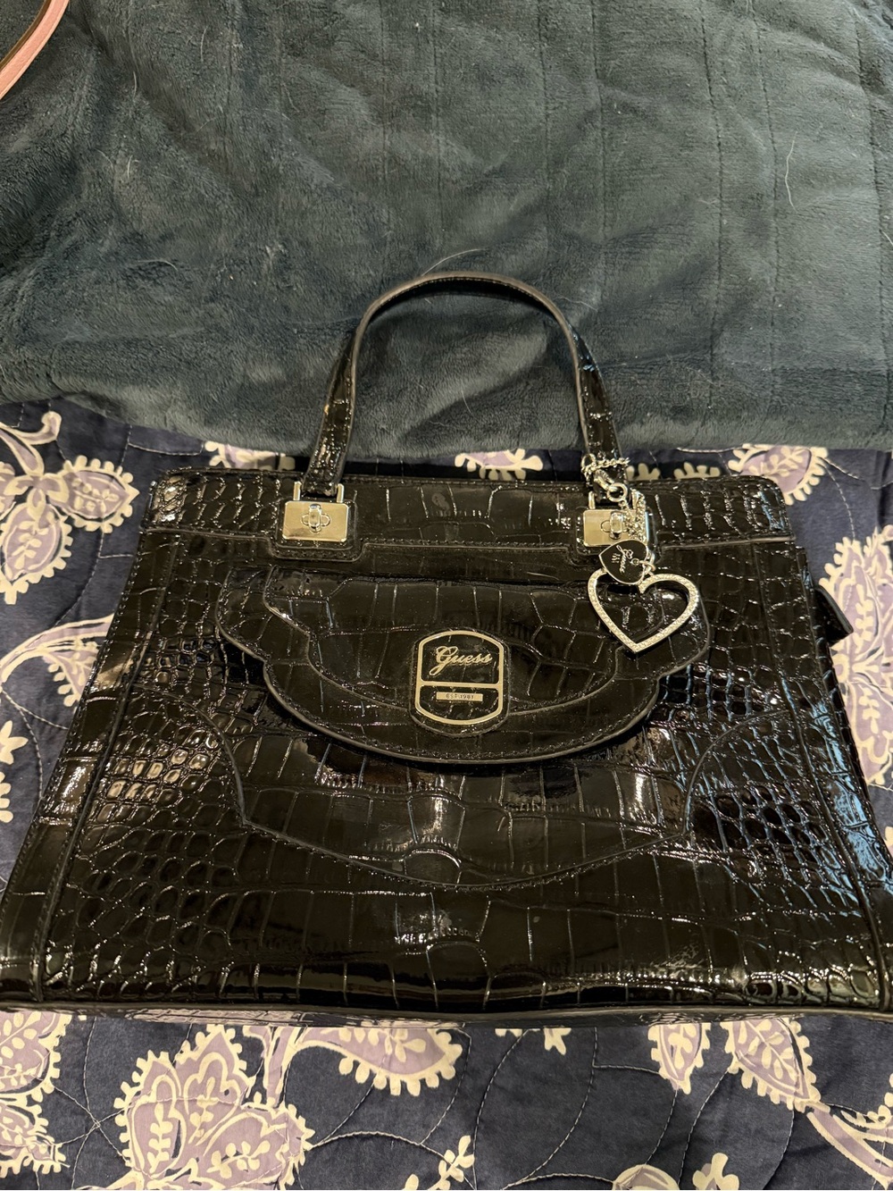 Guess Newlyn Croc-Embossed Satchel with Heart Charm Accent